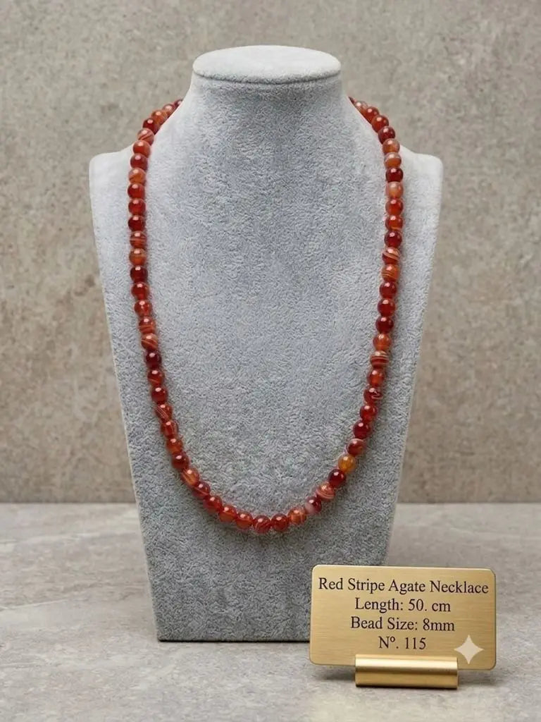 Red Stripe Agate Necklace, Length 50. cm, Bead Size 8mm, ABC_NEC_115